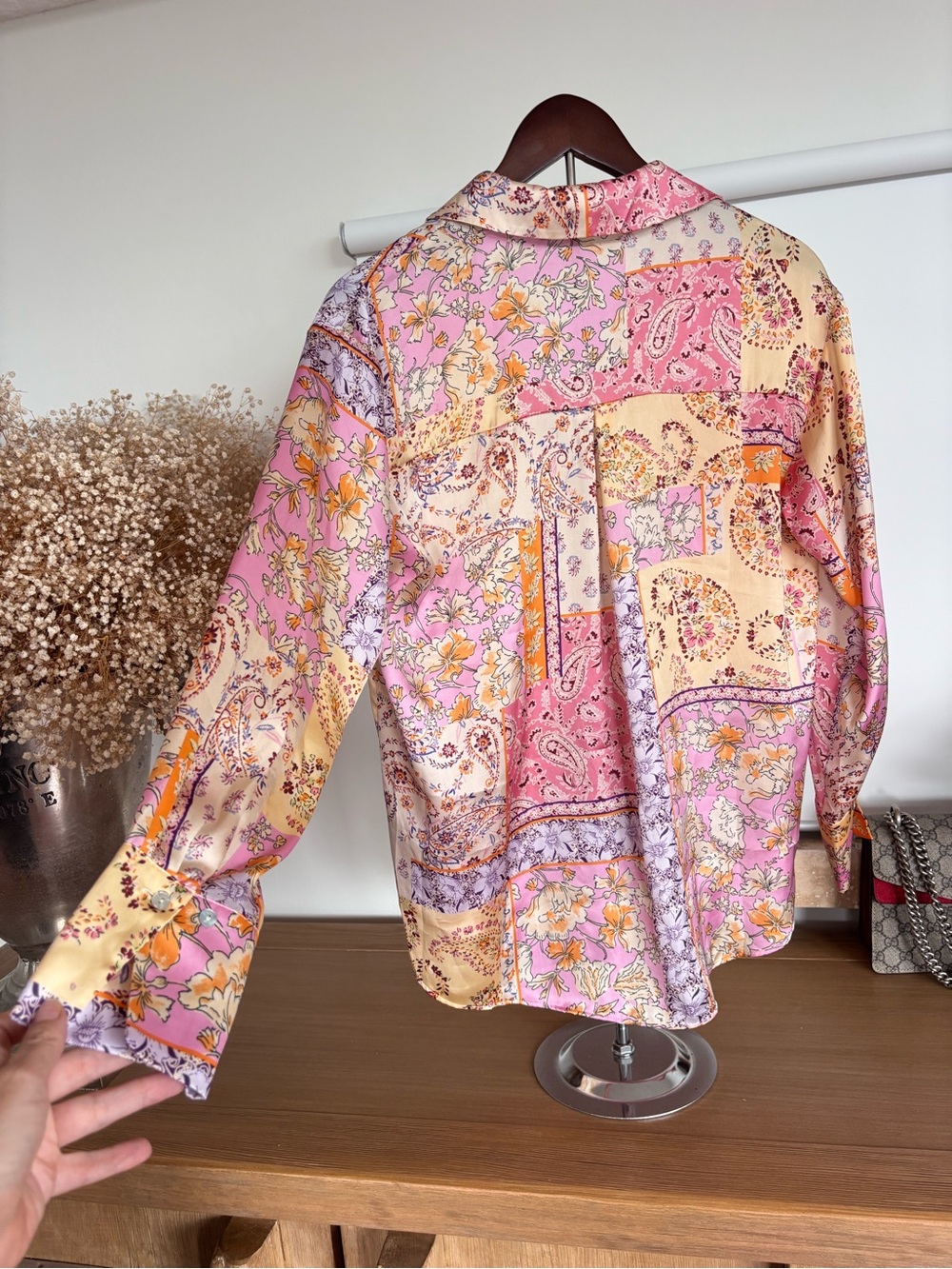 Zara S Patchwork Paisley Button Up Shirt in Pink and Cream Silk Feels Blouse - Picture 13 of 16